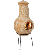 Outdoor Clay Chiminea Fireplace Sun Design Wood Burning Fire Pit with Sturdy Metal Stand, Barbecue, Cocktail Party
