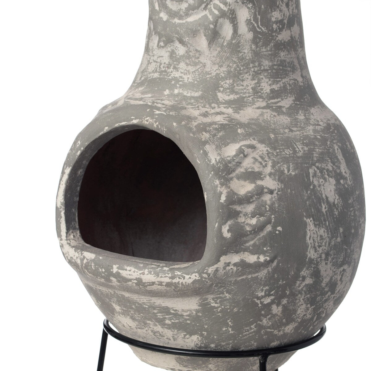 Outdoor Clay Chiminea Fireplace Sun Design Wood Burning Fire Pit with Sturdy Metal Stand, Barbecue, Cocktail Party