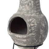 Outdoor Clay Chiminea Fireplace Sun Design Wood Burning Fire Pit with Sturdy Metal Stand, Barbecue, Cocktail Party