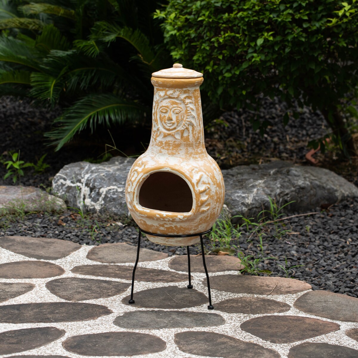 Outdoor Clay Chiminea Fireplace Sun Design Wood Burning Fire Pit with Sturdy Metal Stand, Barbecue, Cocktail Party