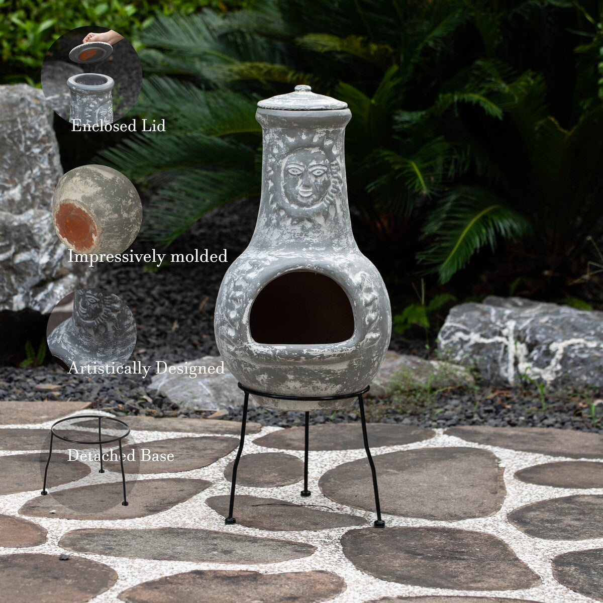 Outdoor Clay Chiminea Fireplace Sun Design Wood Burning Fire Pit with Sturdy Metal Stand, Barbecue, Cocktail Party