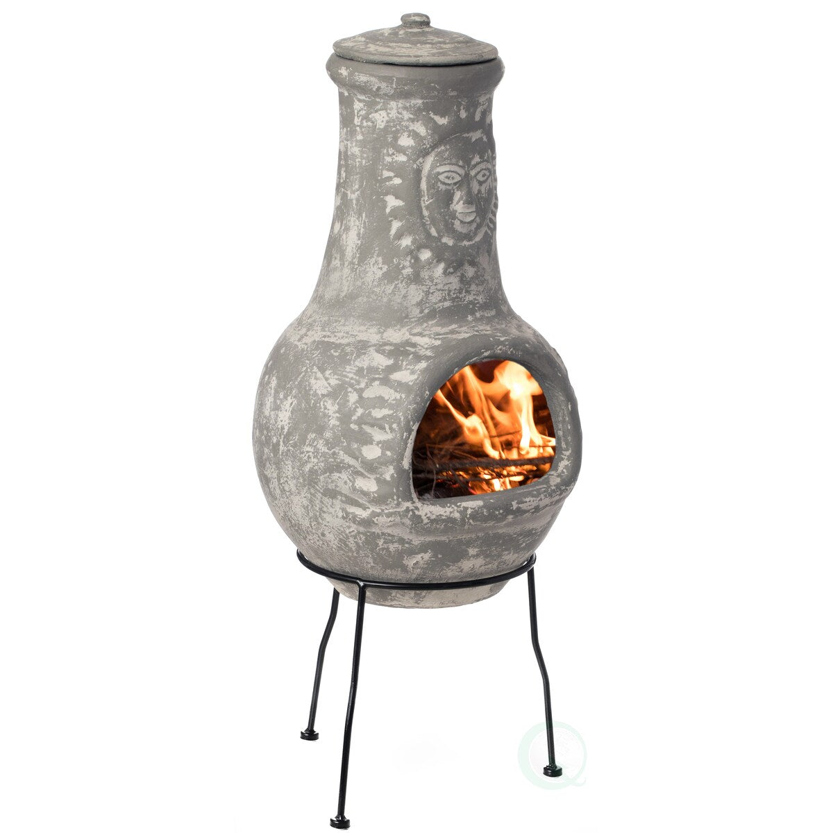 Outdoor Clay Chiminea Fireplace Sun Design Wood Burning Fire Pit with Sturdy Metal Stand, Barbecue, Cocktail Party