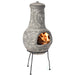 Outdoor Clay Chiminea Fireplace Sun Design Wood Burning Fire Pit with Sturdy Metal Stand, Barbecue, Cocktail Party