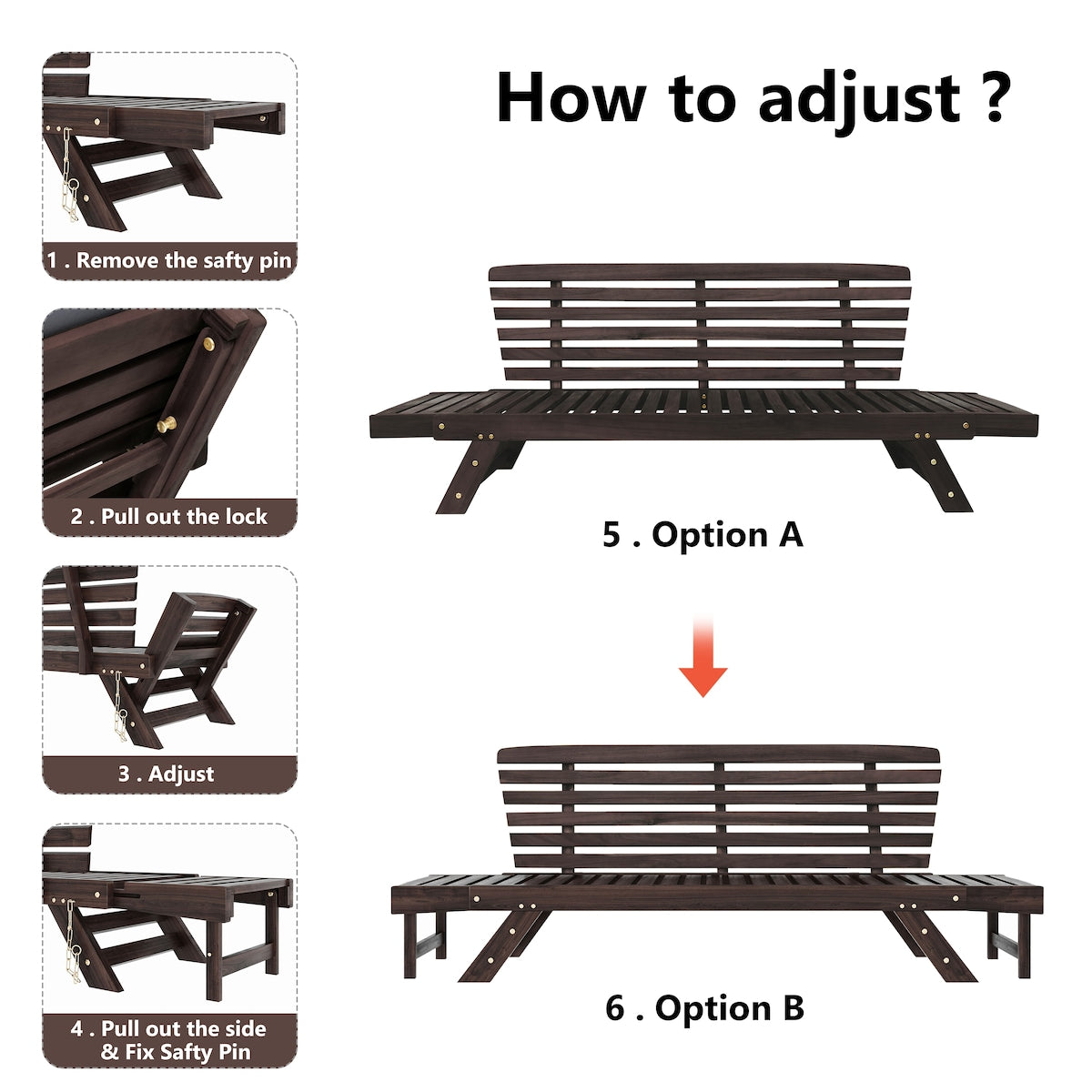 Outdoor Convertible Sofa Wooden Daybed Sofa Patio Furniture Chaise Lounge with Cushions for Courtyard/ Patio/ Balcony