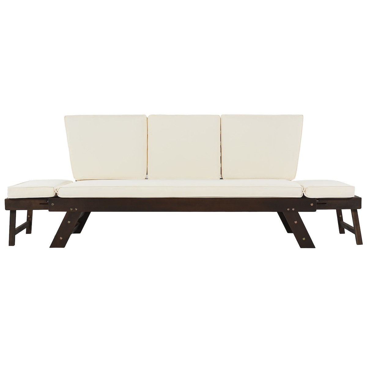 Outdoor Convertible Sofa Wooden Daybed Sofa Patio Furniture Chaise Lounge with Cushions for Courtyard/ Patio/ Balcony