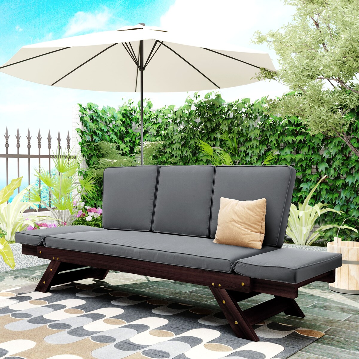 Outdoor Convertible Sofa Wooden Daybed Sofa Patio Furniture Chaise Lounge with Cushions for Courtyard/ Patio/ Balcony