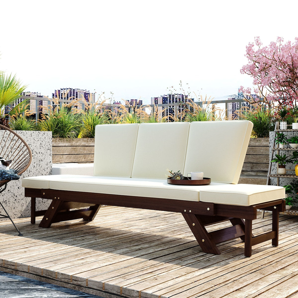 Outdoor Convertible Sofa Wooden Daybed Sofa Patio Furniture Chaise Lounge with Cushions for Courtyard/ Patio/ Balcony