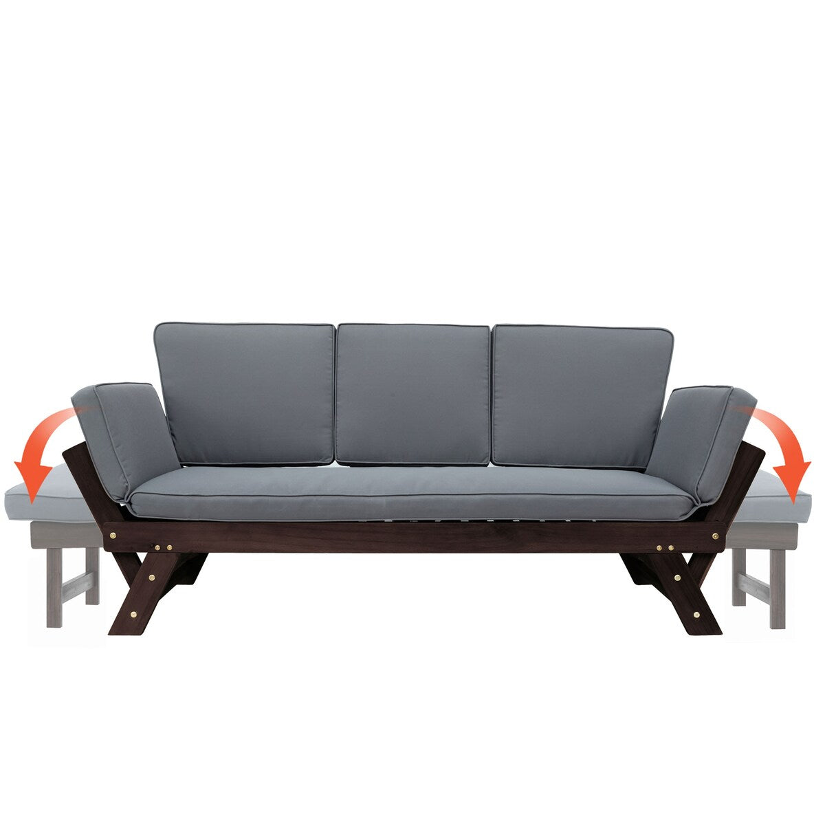 Outdoor Convertible Sofa Wooden Daybed Sofa Patio Furniture Chaise Lounge with Cushions for Courtyard/ Patio/ Balcony
