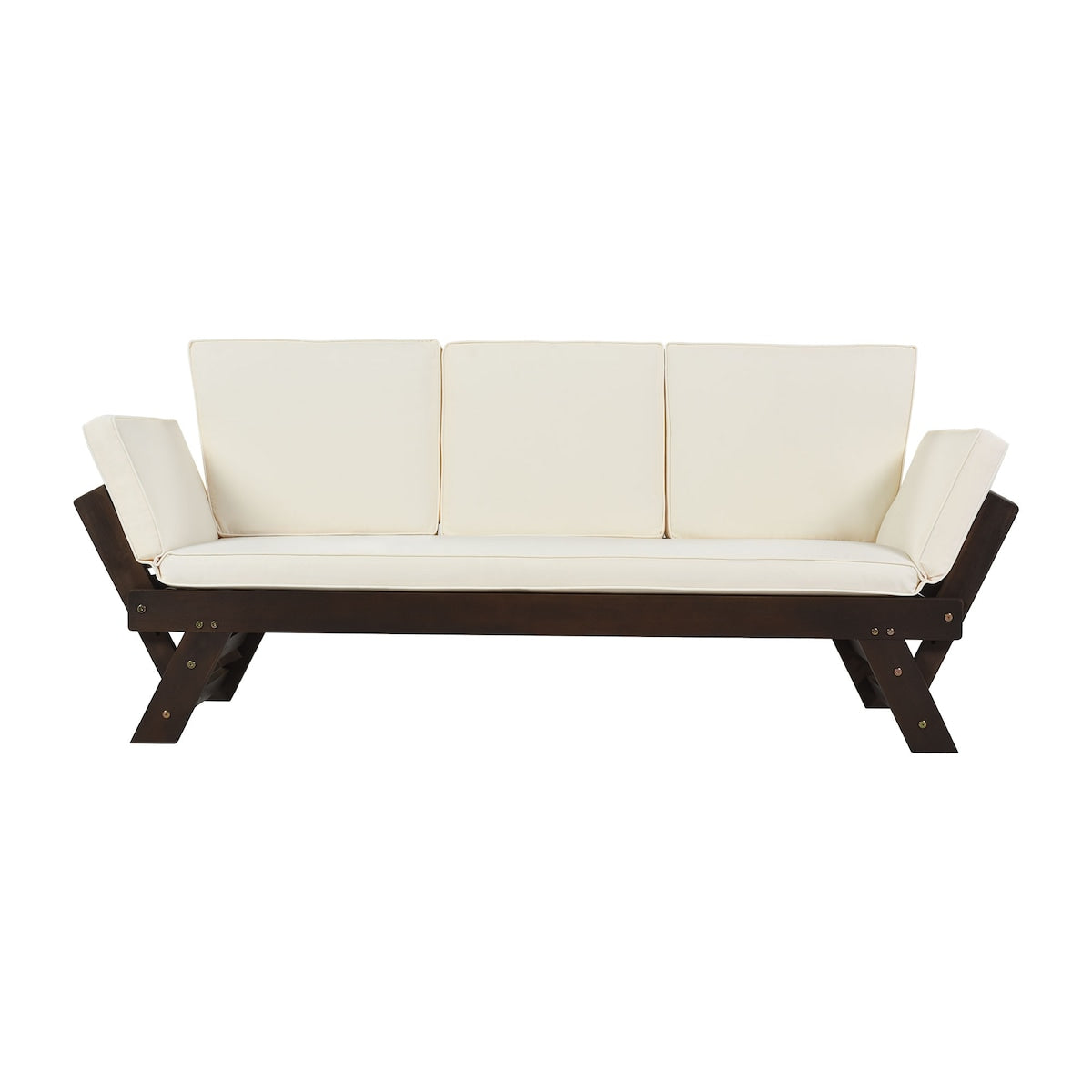 Outdoor Convertible Sofa Wooden Daybed Sofa Patio Furniture Chaise Lounge with Cushions for Courtyard/ Patio/ Balcony