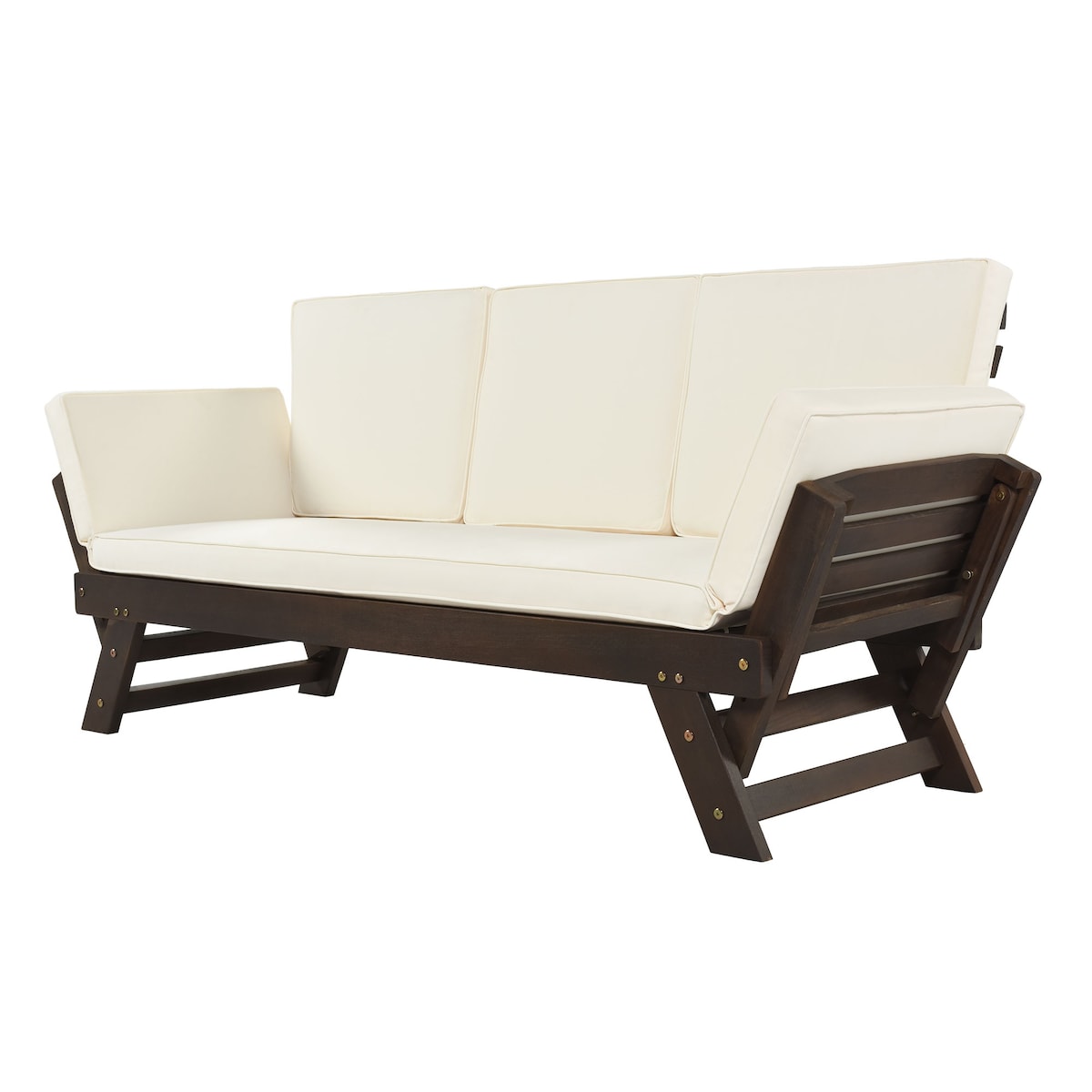 Outdoor Convertible Sofa Wooden Daybed Sofa Patio Furniture Chaise Lounge with Cushions for Courtyard/ Patio/ Balcony