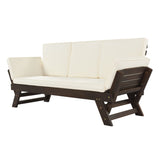 Outdoor Convertible Sofa Wooden Daybed Sofa Patio Furniture Chaise Lounge with Cushions for Courtyard/ Patio/ Balcony