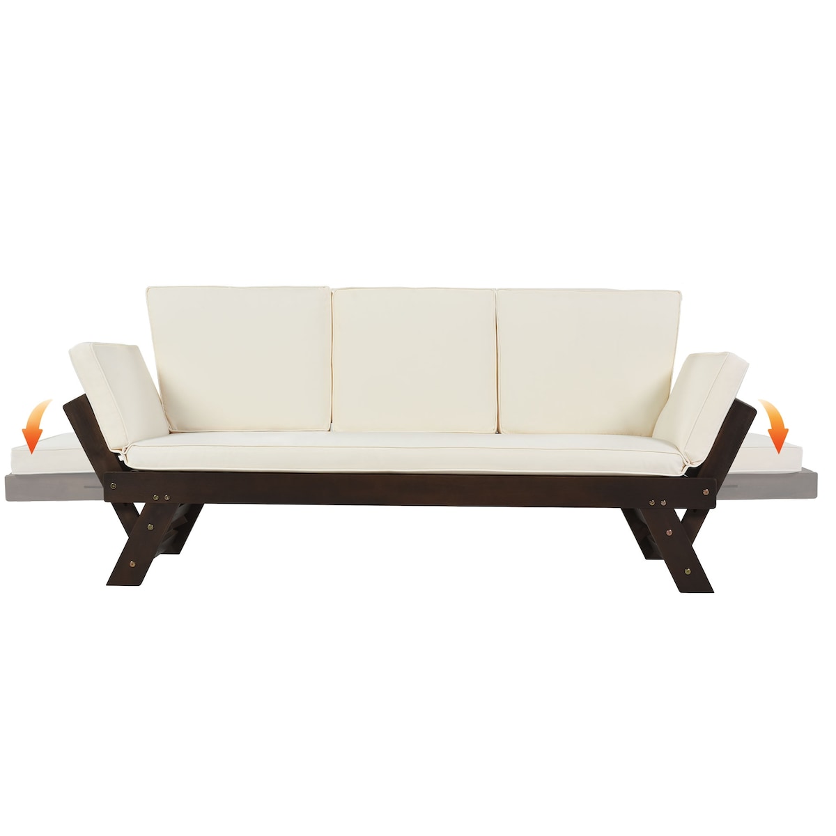 Outdoor Convertible Sofa Wooden Daybed Sofa Patio Furniture Chaise Lounge with Cushions for Courtyard/ Patio/ Balcony