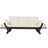 Outdoor Convertible Sofa Wooden Daybed Sofa Patio Furniture Chaise Lounge with Cushions for Courtyard/ Patio/ Balcony