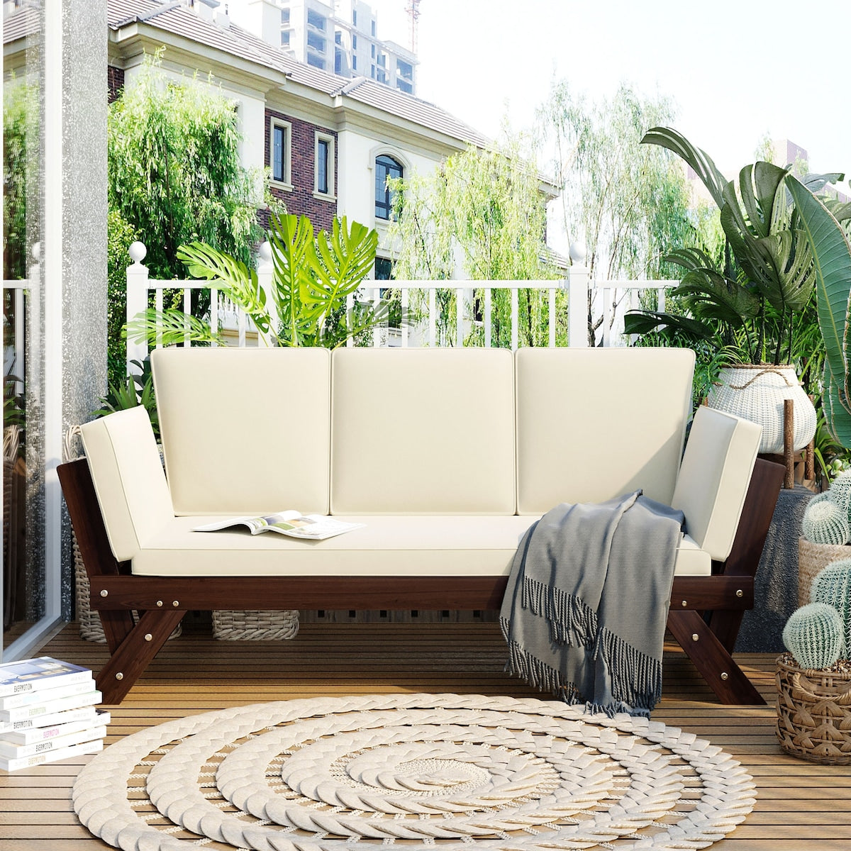 Outdoor Convertible Sofa Wooden Daybed Sofa Patio Furniture Chaise Lounge with Cushions for Courtyard/ Patio/ Balcony