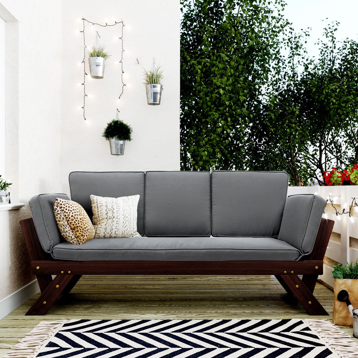 Outdoor Convertible Sofa Wooden Daybed Sofa Patio Furniture Chaise Lounge with Cushions for Courtyard/ Patio/ Balcony