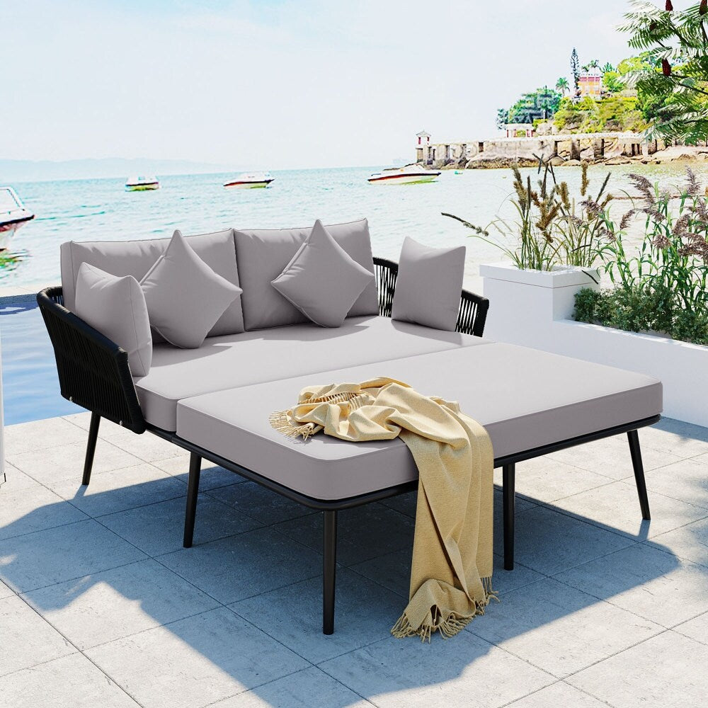 Outdoor Daybed Woven Nylon Rope Backrest with Washable Cushions