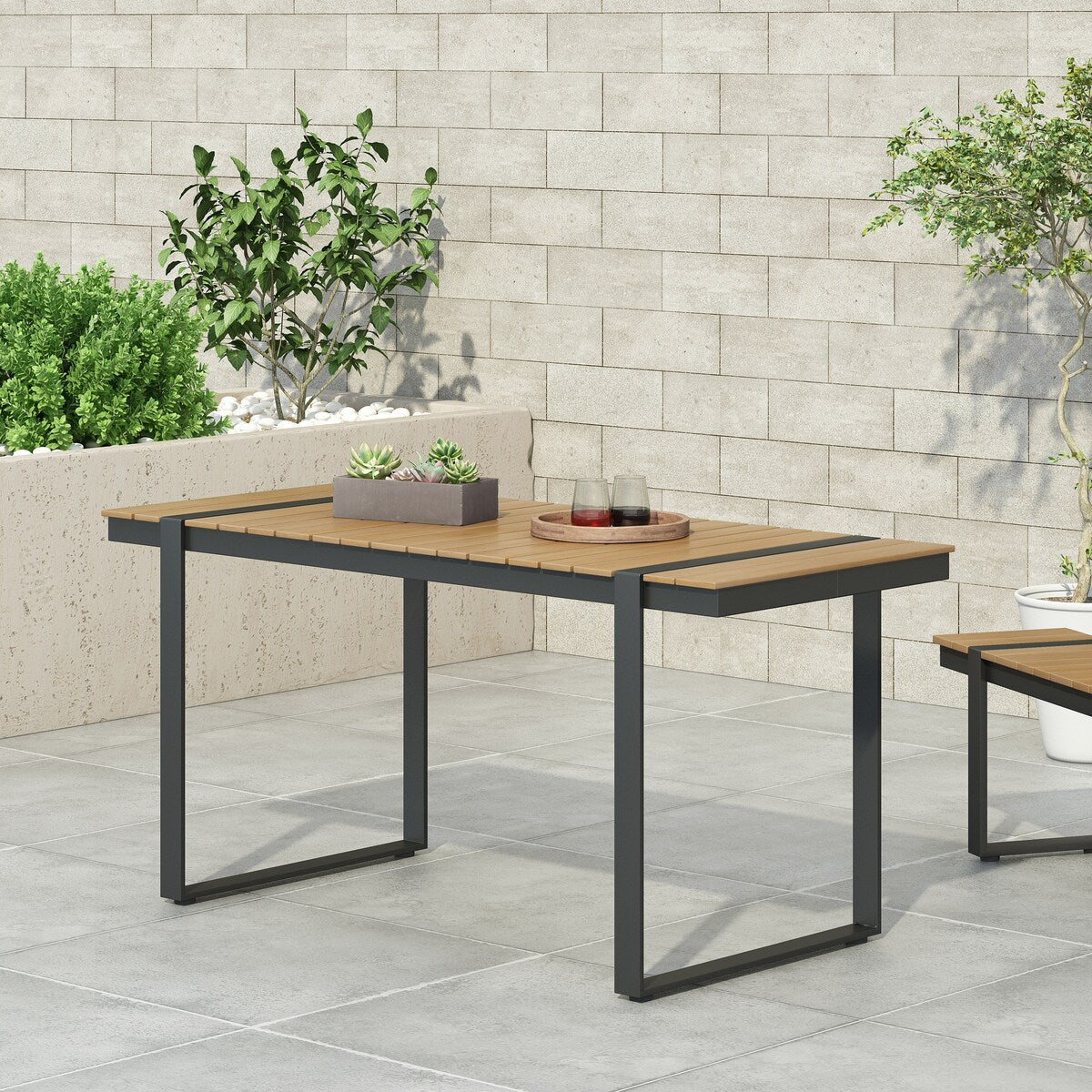 Outdoor Dining Table with Wood-like Tabletop,Lightweight and Stable Aluminum Sled Frame