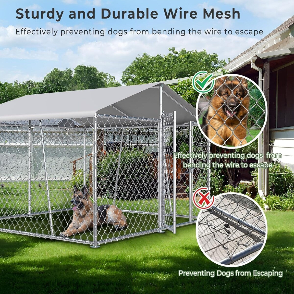 Outdoor Dog Kennel with Roof, Heavy Duty Chain Link Dog Kennel with Lock