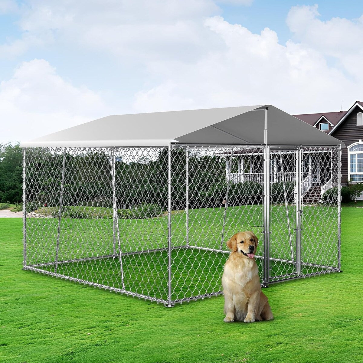 Outdoor Dog Kennel with Roof, Heavy Duty Chain Link Dog Kennel with Lock