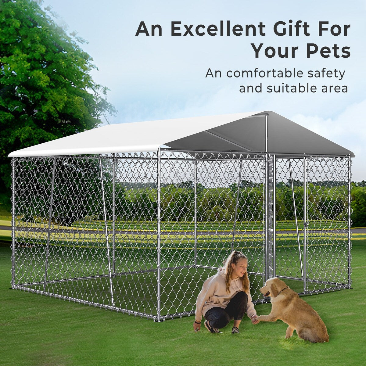 Outdoor Dog Kennel with Roof, Heavy Duty Chain Link Dog Kennel with Lock