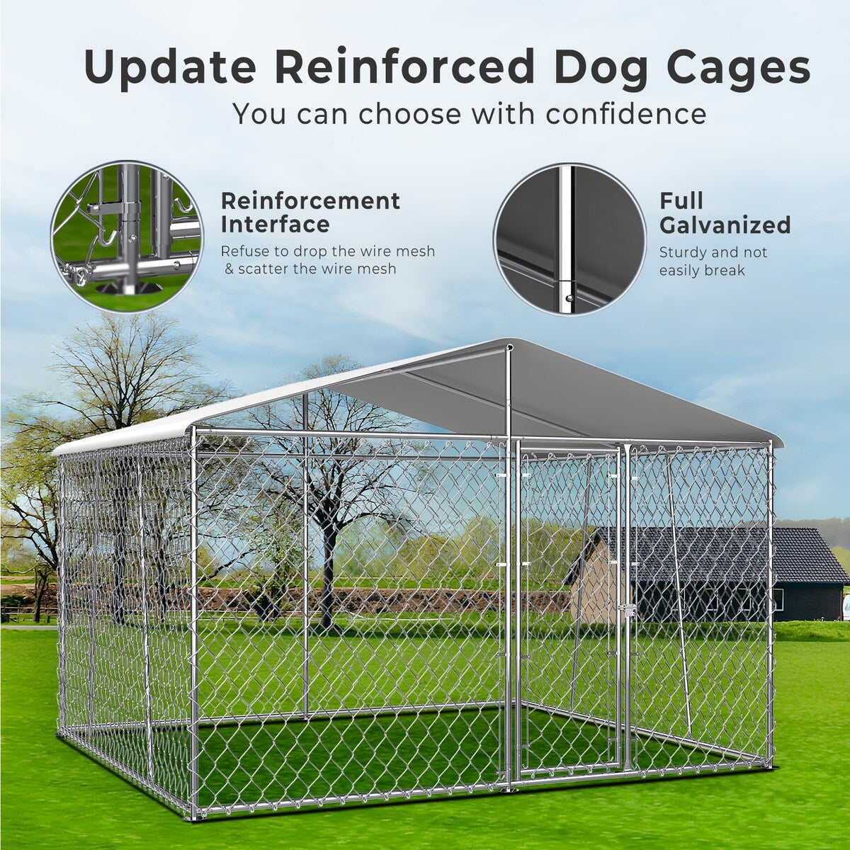 Outdoor Dog Kennel with Roof, Heavy Duty Chain Link Dog Kennel with Lock