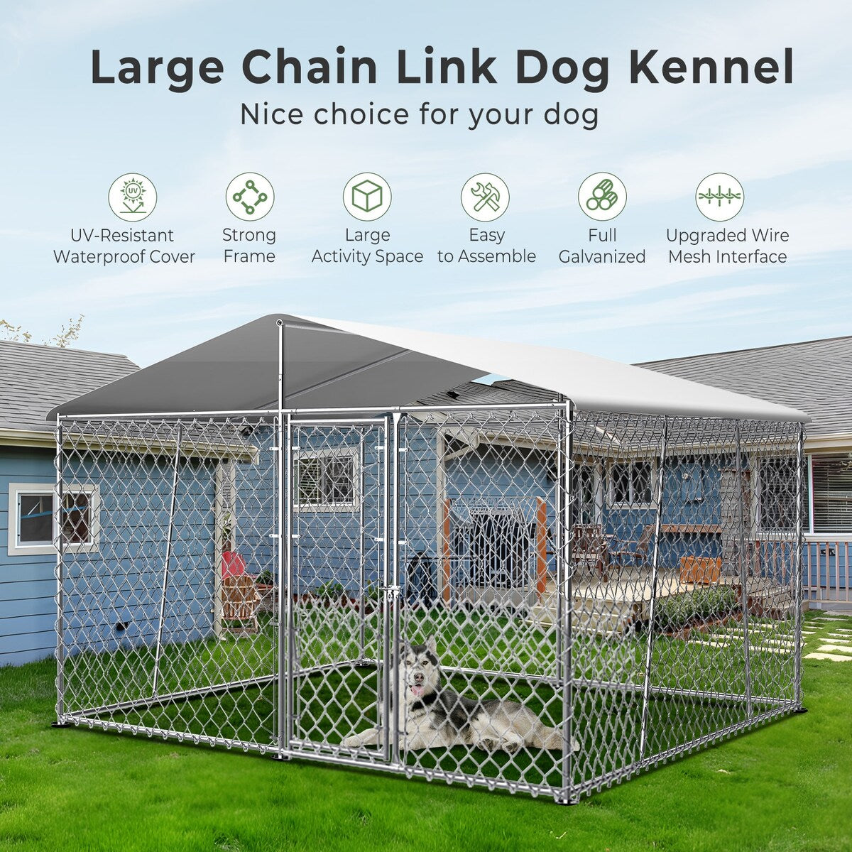 Outdoor Dog Kennel with Roof, Heavy Duty Chain Link Dog Kennel with Lock