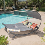 Outdoor Double Daybed Sunbed with Water-Resistant Black Wood Frame, Adjustable Canopy, and 2 Pillows