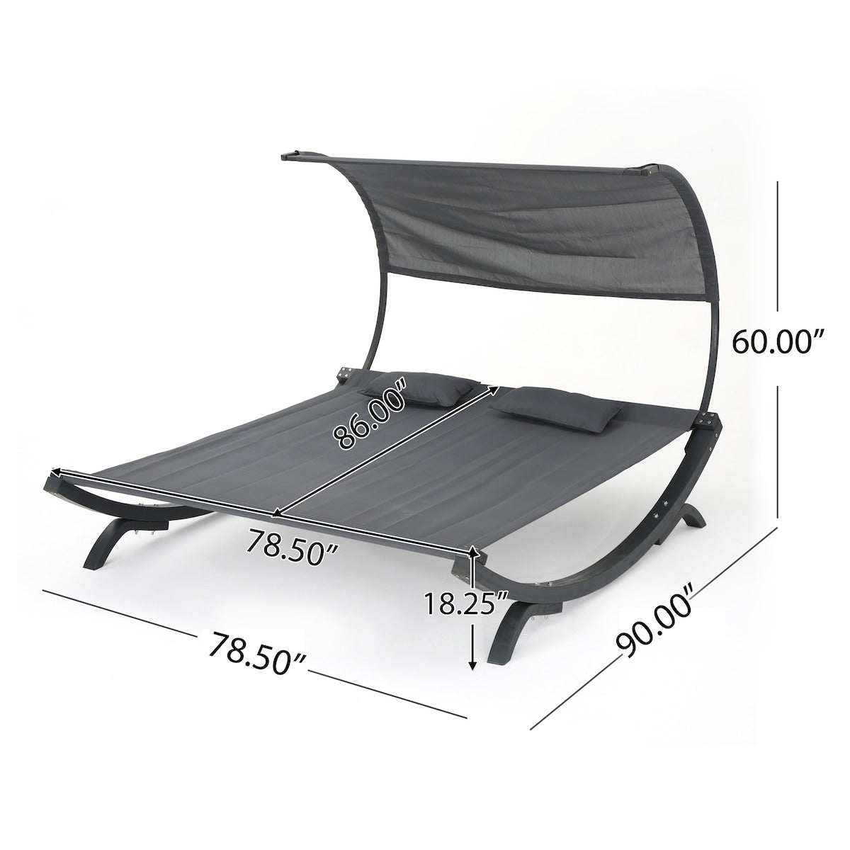 Outdoor Double Daybed Sunbed with Water-Resistant Black Wood Frame, Adjustable Canopy, and 2 Pillows