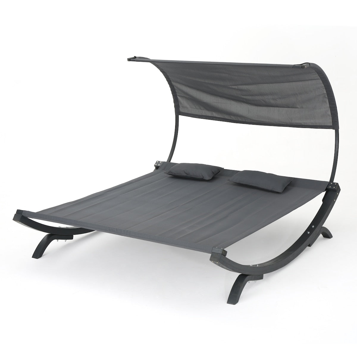 Outdoor Double Daybed Sunbed with Water-Resistant Black Wood Frame, Adjustable Canopy, and 2 Pillows