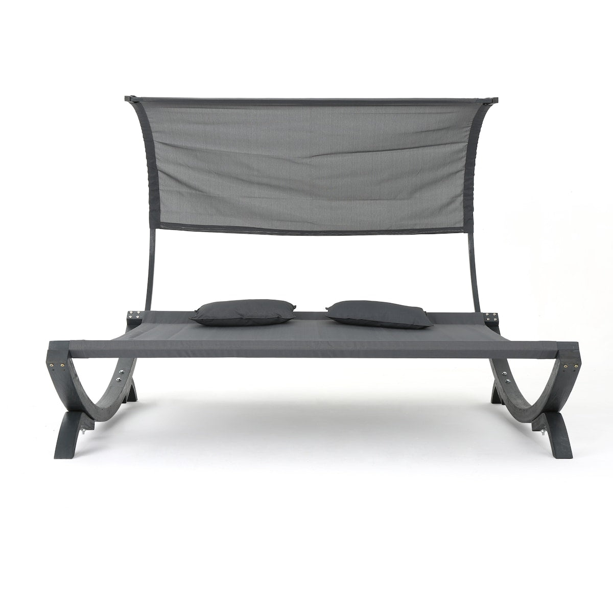 Outdoor Double Daybed Sunbed with Water-Resistant Black Wood Frame, Adjustable Canopy, and 2 Pillows