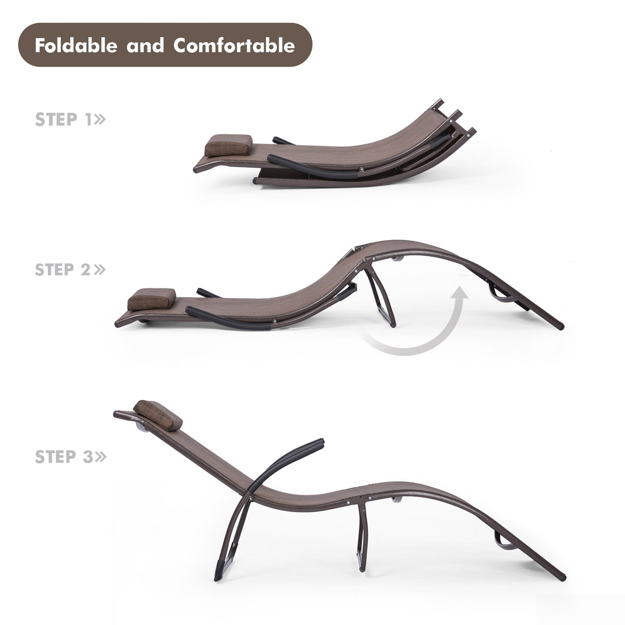 Outdoor Foldable Patio Lounge Chairs with Detachable Headrest (Set of 2） - 68.3（L）*21.5（W）*26.2（H）
