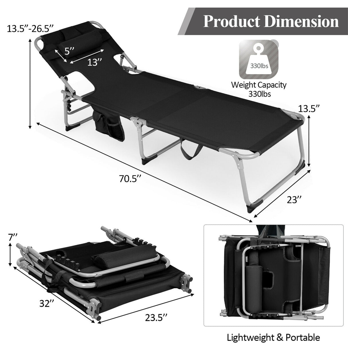 Outdoor Folding Beach Lounge Chair with Pillow