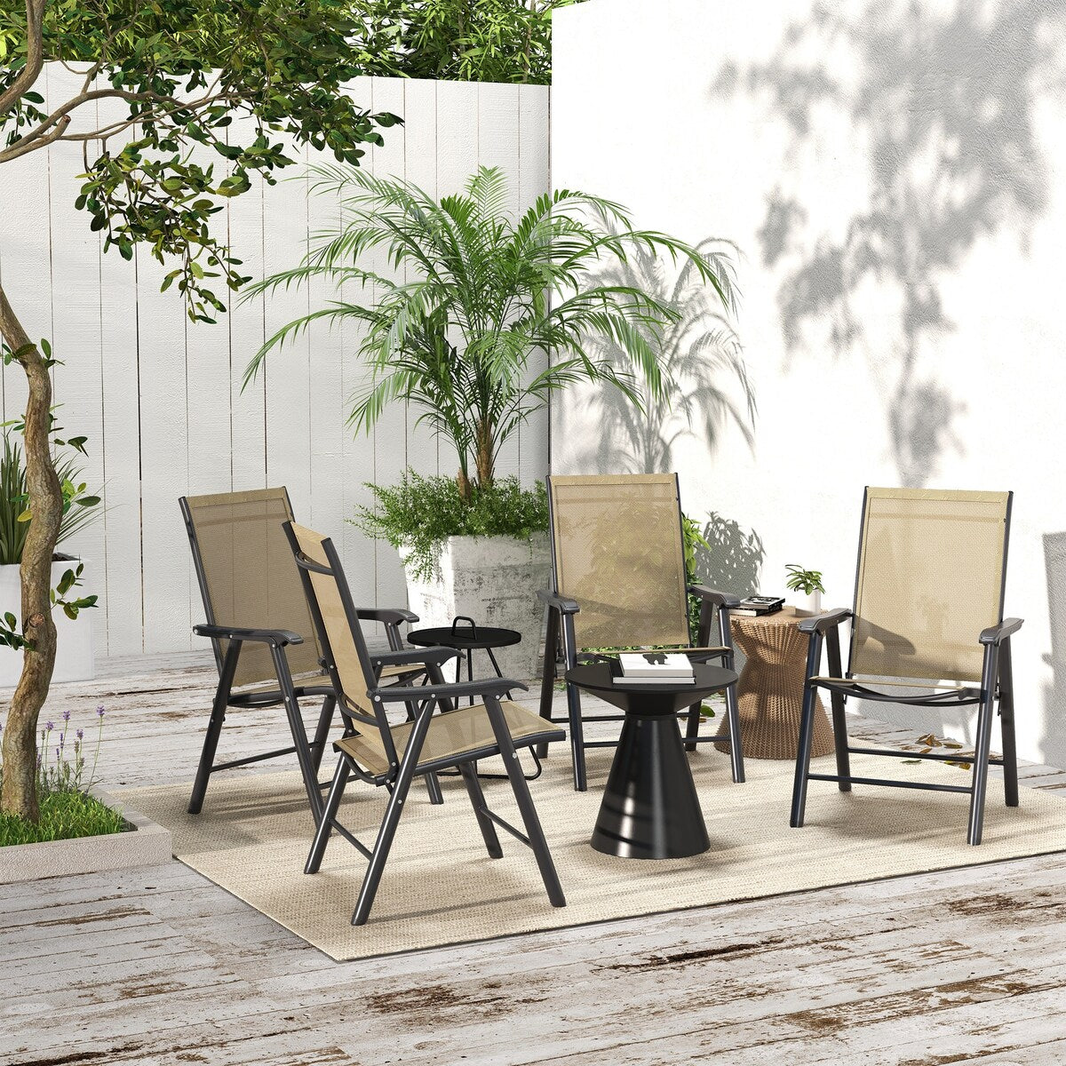 Outdoor Folding Chairs, Stackable Patio Dining Chairs with Armrests, Metal Frame, Set of 4
