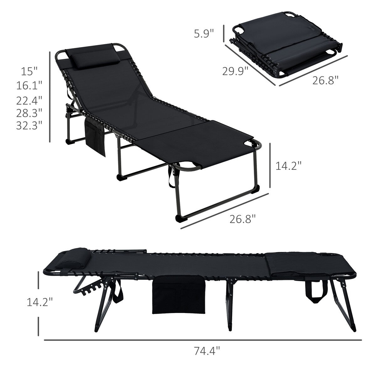 Outdoor Folding Chaise Lounge Chair with 5-level Reclining Back,Side Pocket