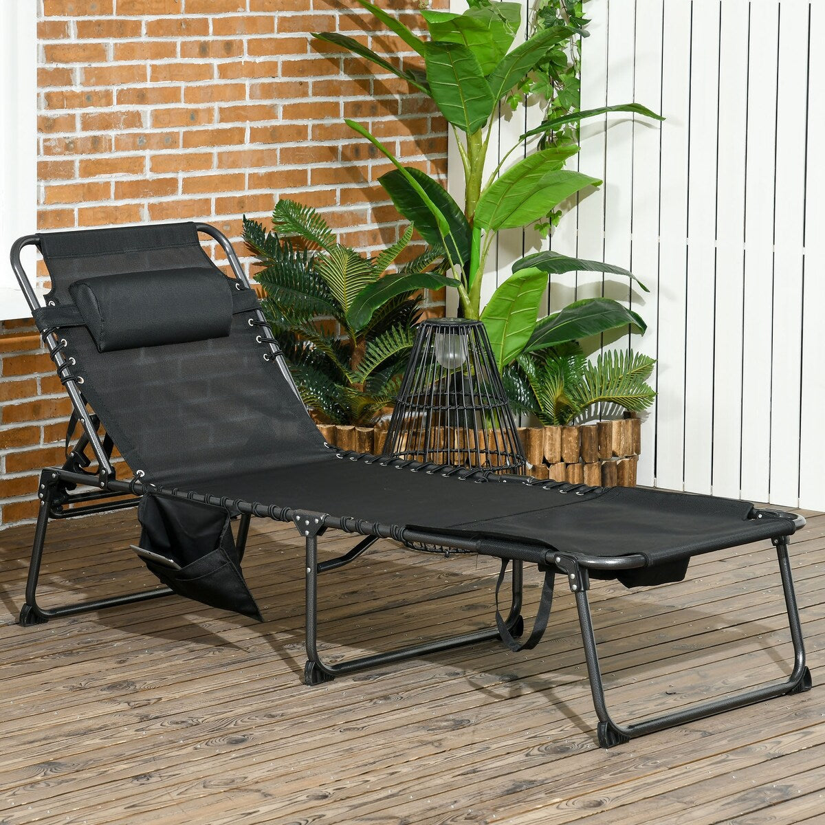 Outdoor Folding Chaise Lounge Chair with 5-level Reclining Back,Side Pocket