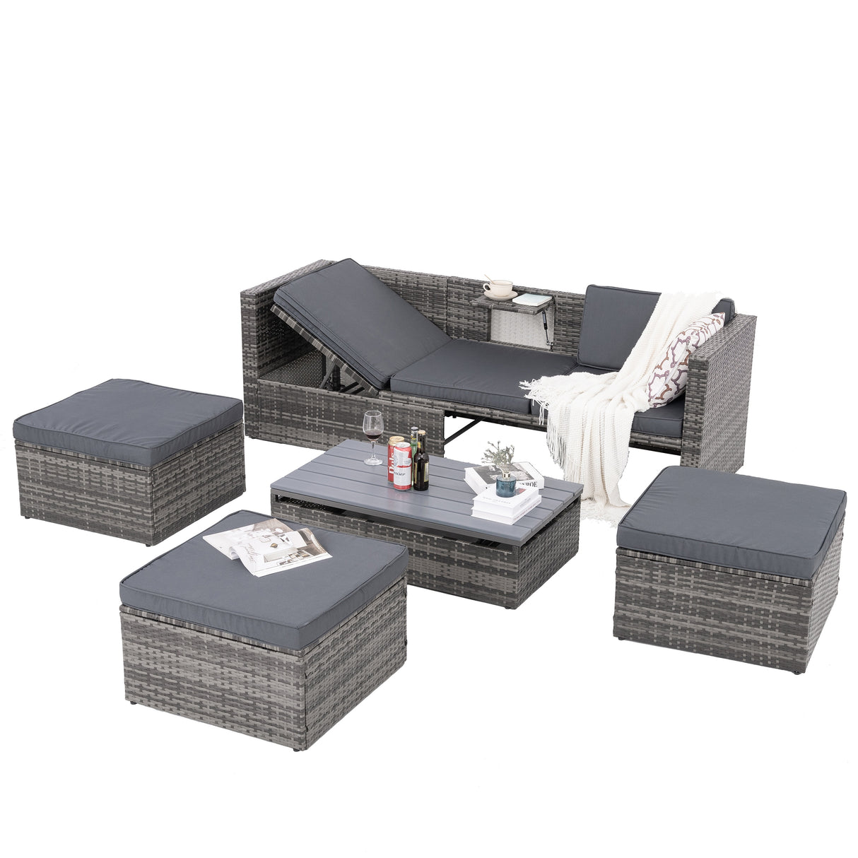 Outdoor Furniture, Seasonal PE Wicker 5piece Furniture Set With Plywood Coffee Table,with lift TOP Coffee Table