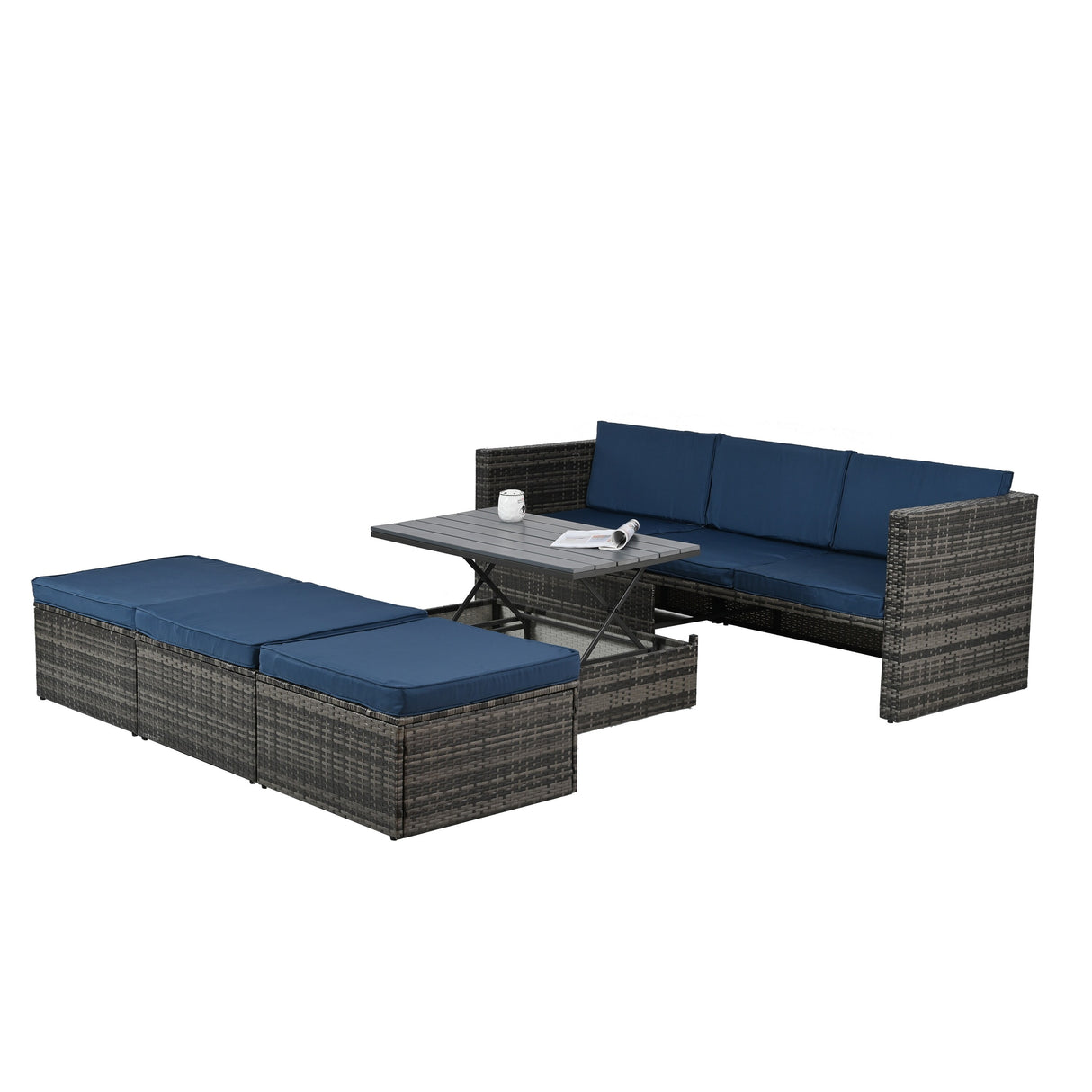 Outdoor Furniture, Seasonal PE Wicker 5piece Furniture Set With Plywood Coffee Table,with lift TOP Coffee Table