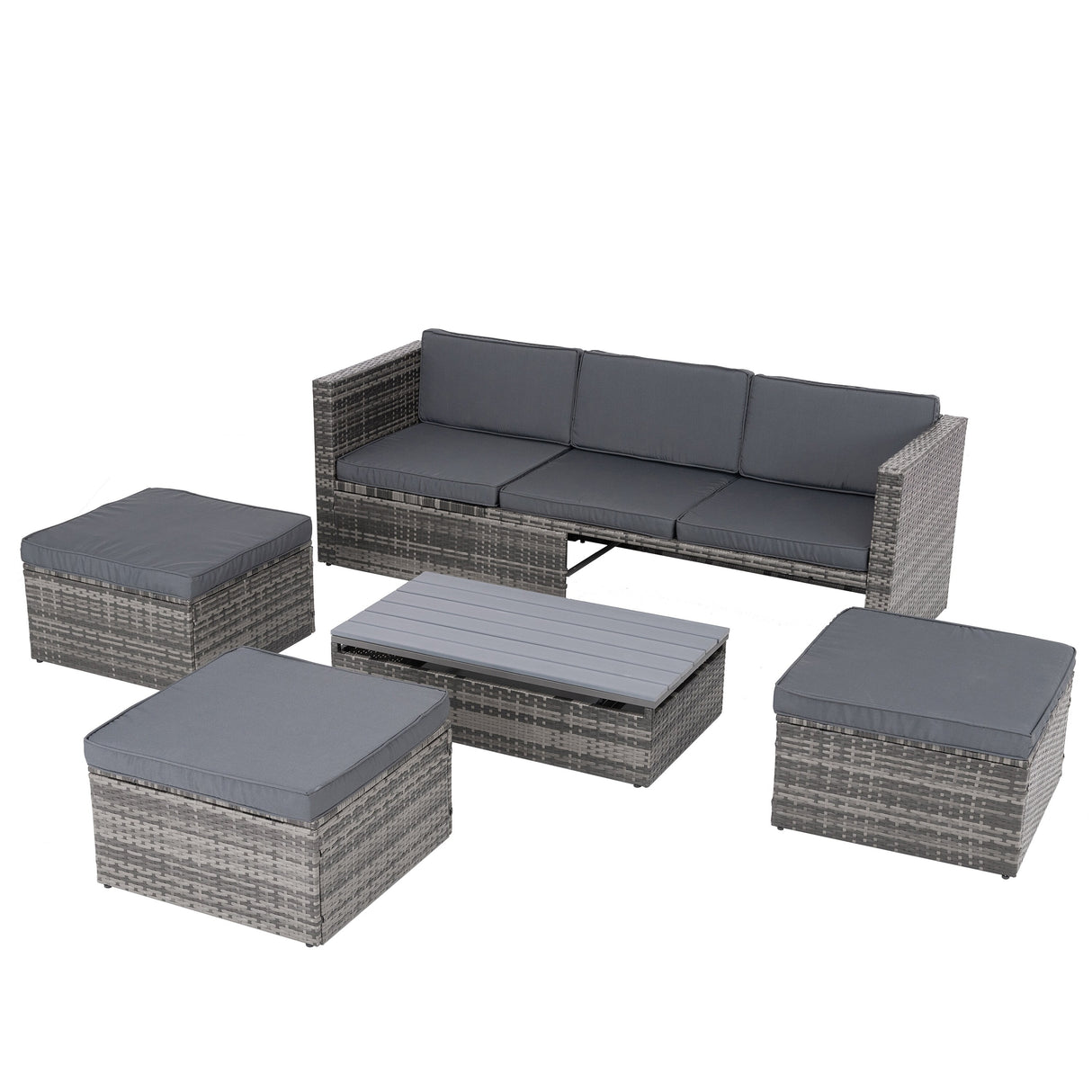 Outdoor Furniture, Seasonal PE Wicker 5piece Furniture Set With Plywood Coffee Table,with lift TOP Coffee Table