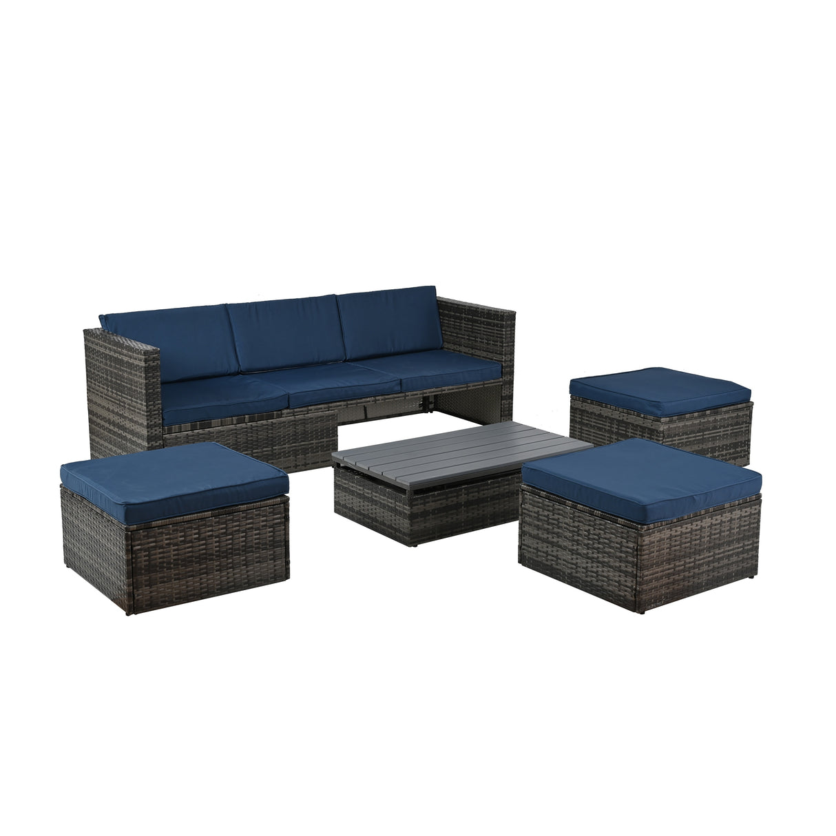Outdoor Furniture, Seasonal PE Wicker 5piece Furniture Set With Plywood Coffee Table,with lift TOP Coffee Table