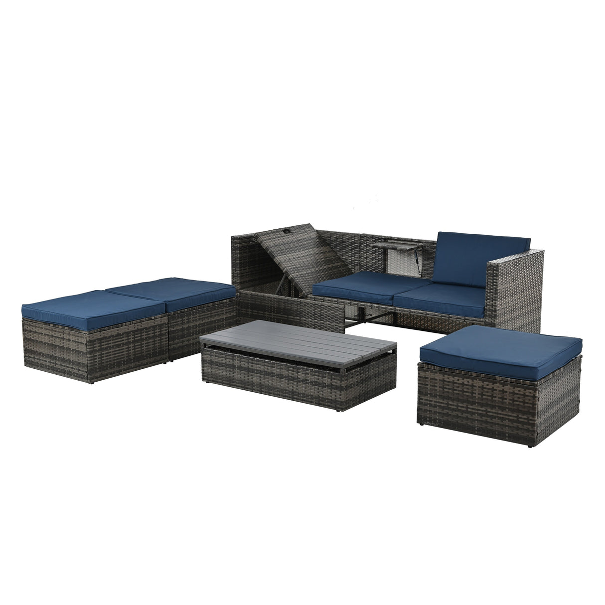 Outdoor Furniture, Seasonal PE Wicker 5piece Furniture Set With Plywood Coffee Table,with lift TOP Coffee Table