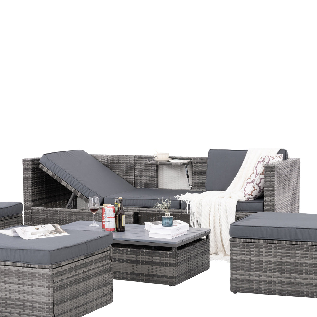 Outdoor Furniture, Seasonal PE Wicker 5piece Furniture Set With Plywood Coffee Table,with lift TOP Coffee Table