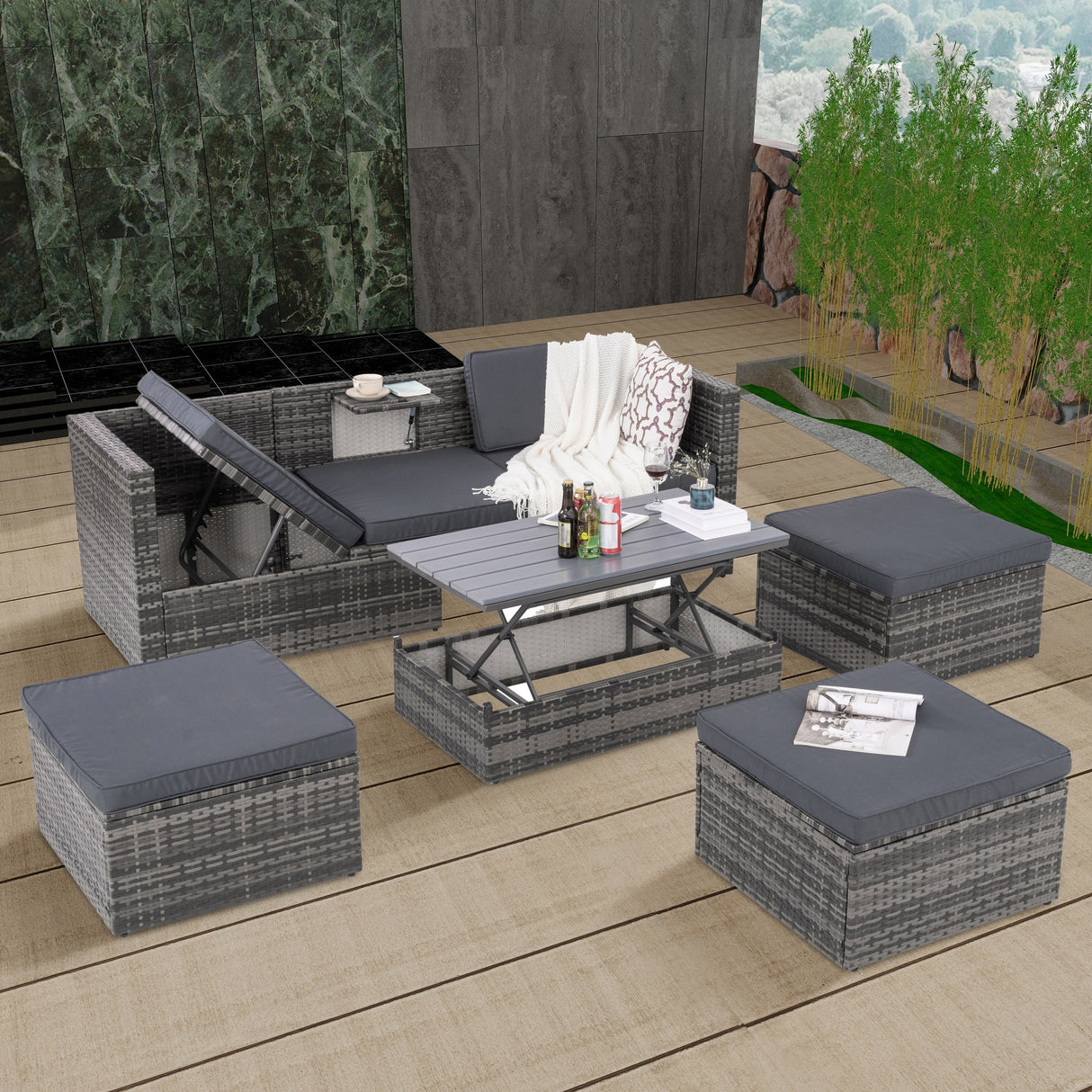 Outdoor Furniture, Seasonal PE Wicker 5piece Furniture Set With Plywood Coffee Table,with lift TOP Coffee Table