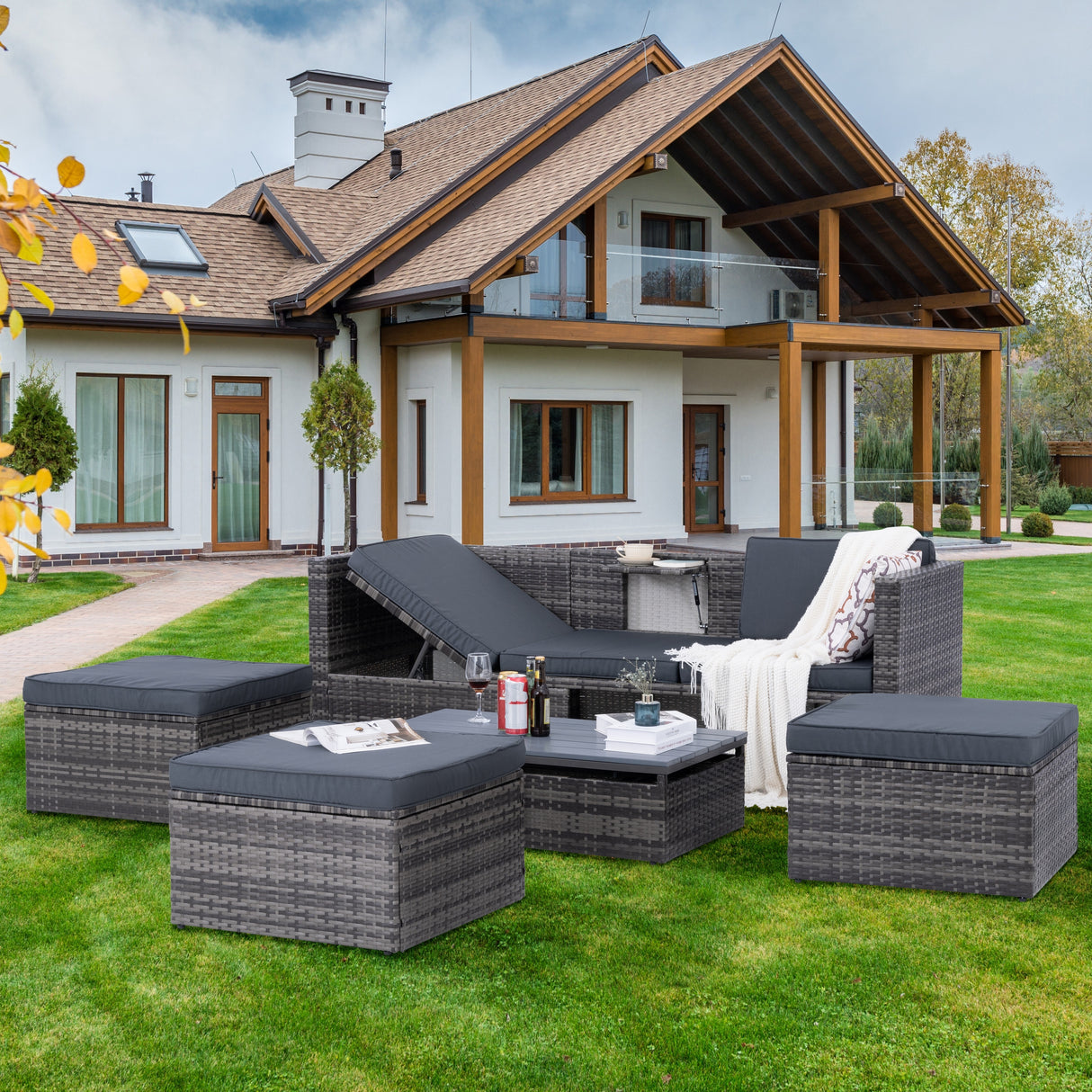 Outdoor Furniture, Seasonal PE Wicker 5piece Furniture Set With Plywood Coffee Table,with lift TOP Coffee Table