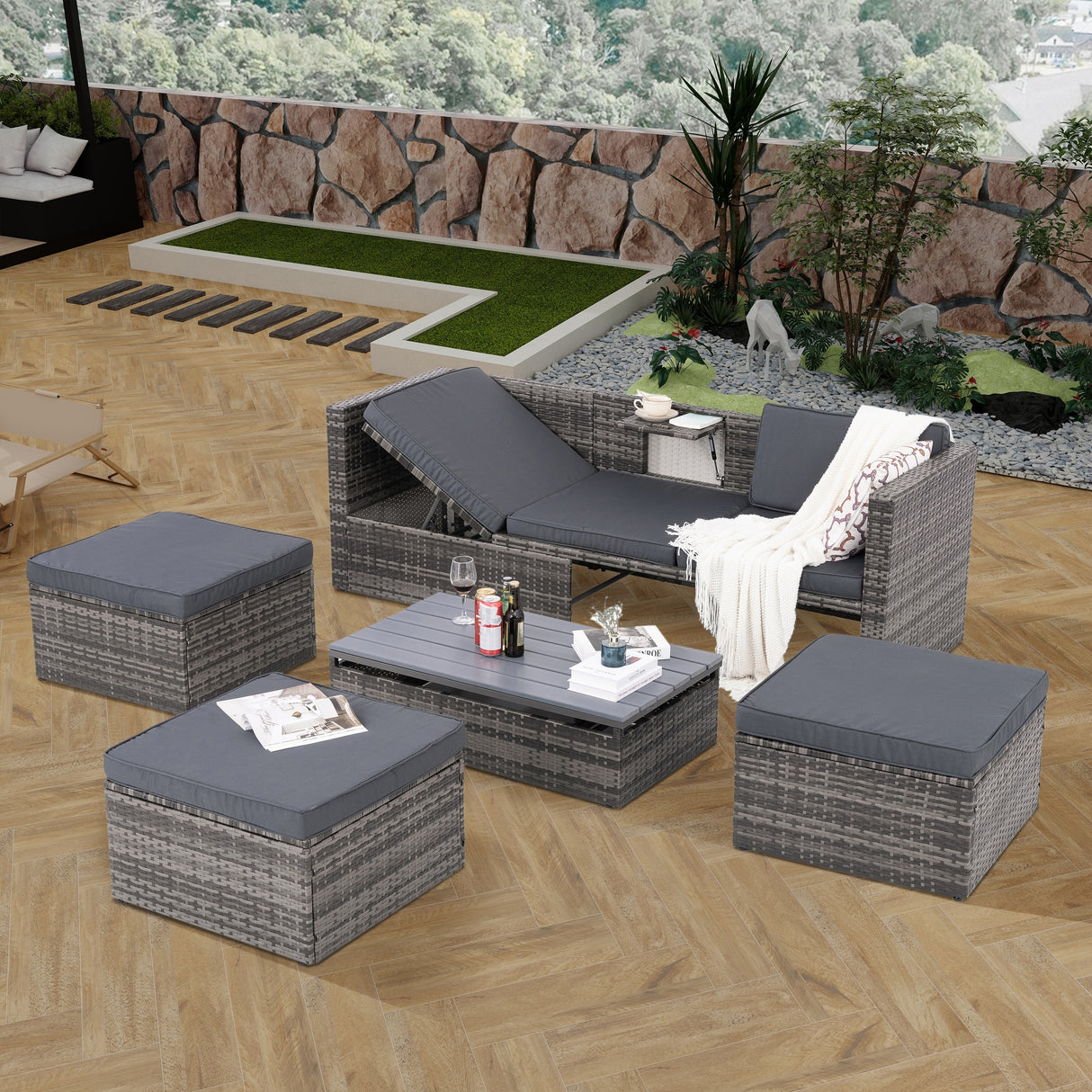 Outdoor Furniture, Seasonal PE Wicker 5piece Furniture Set With Plywood Coffee Table,with lift TOP Coffee Table