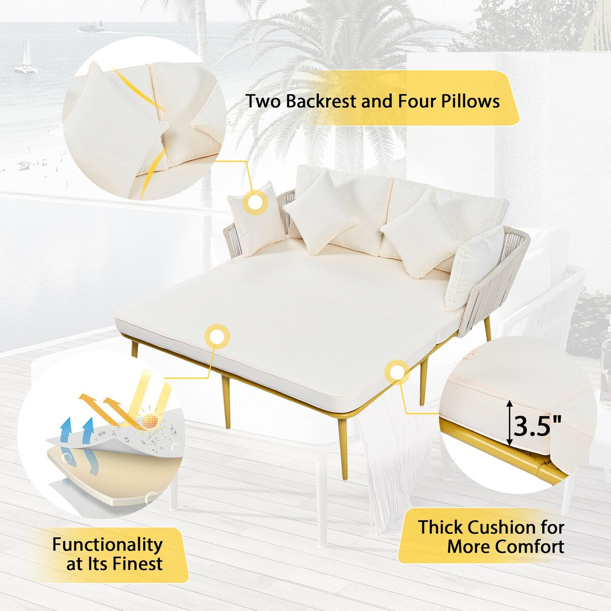 Outdoor Garden 2-Person Chaise Lounge Set with Beige Folding Cushion Patio All-Weather 2-Person Daybed Set w/Pillow