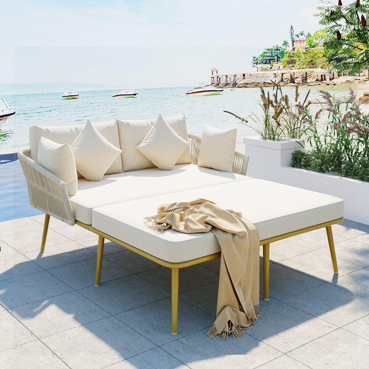 Outdoor Garden 2-Person Chaise Lounge Set with Beige Folding Cushion Patio All-Weather 2-Person Daybed Set w/Pillow