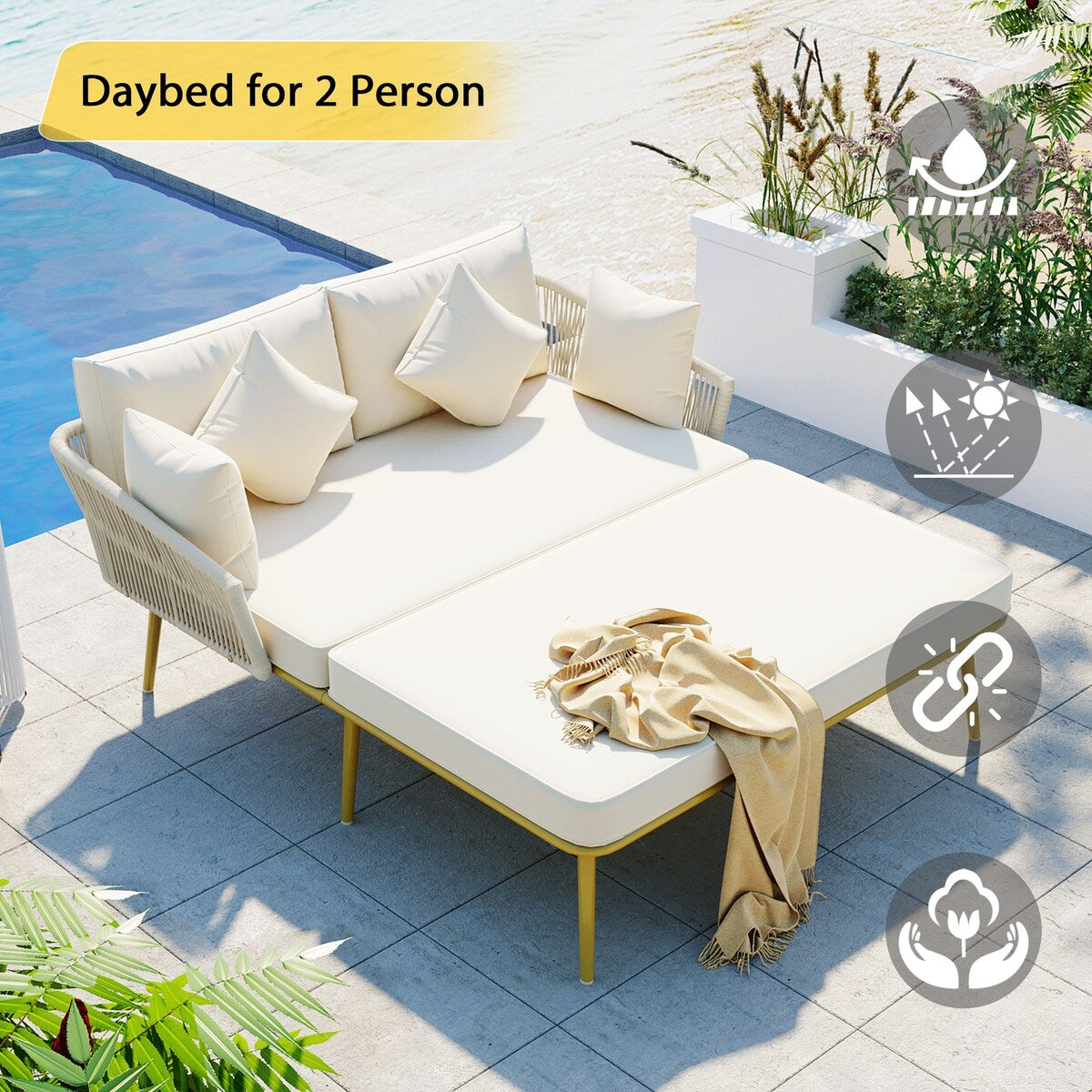 Outdoor Garden 2-Person Chaise Lounge Set with Beige Folding Cushion Patio All-Weather 2-Person Daybed Set w/Pillow