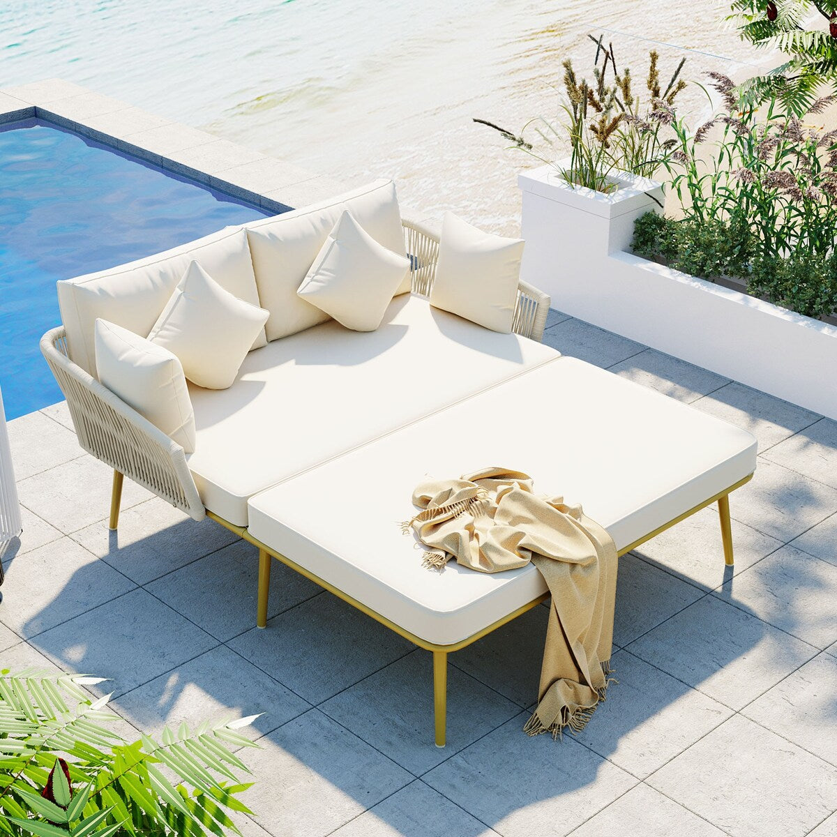 Outdoor Garden 2-Person Chaise Lounge Set with Beige Folding Cushion Patio All-Weather 2-Person Daybed Set w/Pillow