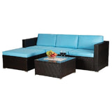 Outdoor Garden Patio Furniture 5-Piece Brown PE Rattan Wicker Sectional Blue Cushioned Sofa Sets