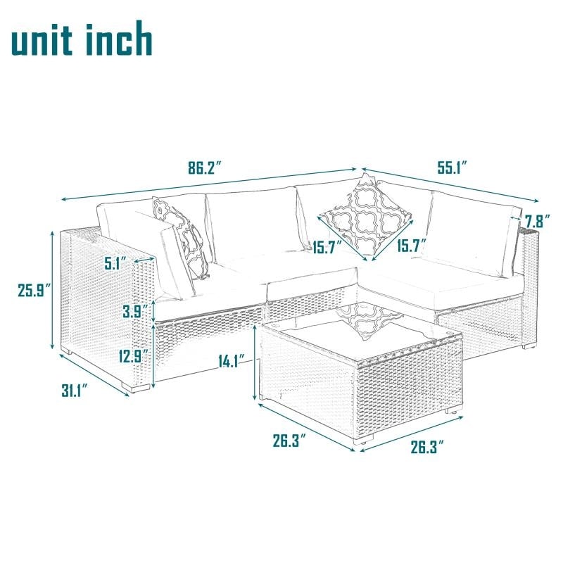 Outdoor Garden Patio Furniture 5-Piece PE Rattan Wicker Sectional Cushioned Sofa Sets with 2 Pillows and Coffee Table